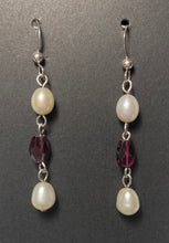 Load image into Gallery viewer, Freshwater pearl and garnet sterling silver drop earrings
