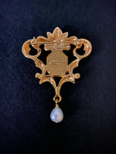 Load image into Gallery viewer, Vintage Avon Victorian Art Nouveau Renaissance ornate gold filigree onyx brooch w freshwater pearl dangle la
