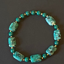 Load image into Gallery viewer, African turquoise and dark green mountain jade goldtone bracelet &amp; earrings set
