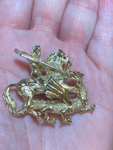 Load image into Gallery viewer, St. George and the Dragon medieval knight goldtone brooch
