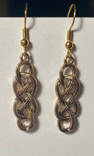 Load image into Gallery viewer, Celtic knot rectangular bar earrings, antique goldtone
