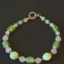 Load image into Gallery viewer, Secret Garden pink and green rose quartz and floral lampwork glass bead bracelet
