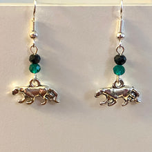 Load image into Gallery viewer, Panther Pride - Pelham Panthers sports fan small silvertone panther earrings with green and black crystal beads
