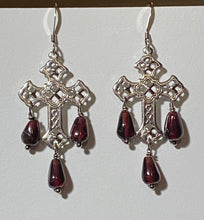 Load image into Gallery viewer, Garnet and gold or silver filigree cross earrings with sterling or 14k gold-filled earwires
