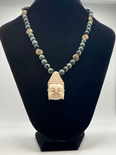 Load image into Gallery viewer, Enlightened: kambaba jasper and antique gold beaded Buddha necklace
