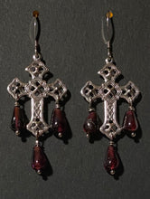 Load image into Gallery viewer, Garnet and gold or silver filigree cross earrings with sterling or 14k gold-filled earwires
