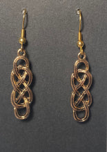 Load image into Gallery viewer, Celtic knot rectangular bar earrings, antique goldtone
