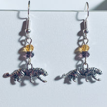 Load image into Gallery viewer, LSU Tigers sports fan small silvertone tiger earring with purple and gold crystal beads
