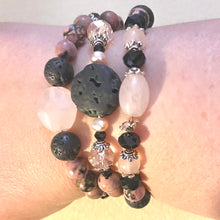 Load image into Gallery viewer, Diffuser bracelet: rhodonite/ rose quartz / onyx and lava rock
