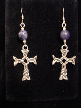 Load image into Gallery viewer, Antique silver pewter woven Celtic knotwork cross earrings w/optional gemstone bead
