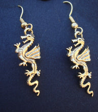 Load image into Gallery viewer, Dragon Rampant - goldtone pewter dragon earrings UAB Blazer fan, sports fan, fantasy Game of Thrones
