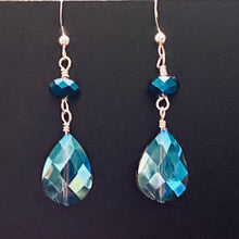 Load image into Gallery viewer, Dark blue iridescent crystal and sterling drop earrings
