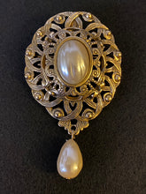 Load image into Gallery viewer, Vintage Avon ornate gold oval brooch / pendant w faux pearl cabochon and teardrop pearl dangle
