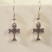 Load image into Gallery viewer, Celtic cross dainty silvertone or goldtone earrings with optional gemstone bead
