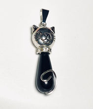 Load image into Gallery viewer, Cat Pendant: silvertone and Czech glass teardrop cat pendant with leather cord or silvertone chain
