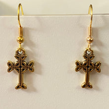 Load image into Gallery viewer, Celtic cross dainty silvertone or goldtone earrings with optional gemstone bead
