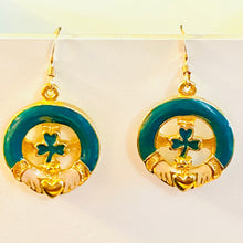 Load image into Gallery viewer, Irish shamrock Claddagh earrings in goldtone and green enamel with 14k gold-filled earwires
