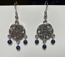 Load image into Gallery viewer, Celtic triquetra triple knot earrings w/ 3 beads (choice of gemstone/color)
