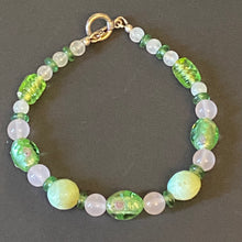 Load image into Gallery viewer, Secret Garden pink and green rose quartz and floral lampwork glass bead bracelet
