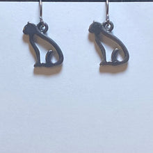 Load image into Gallery viewer, Cat Silhouette: silvertone, goldtone , or black cat earrings - cat mom cat lover gift

