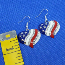 Load image into Gallery viewer, American Heart patriotic rhinestone and enamel flag earrings stars and stripes 4th of July holiday jewelry

