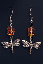 Load image into Gallery viewer, Dragonfly In Amber II goldtone or silvertone dragonfly earrings with genuine Baltic Amber Outlander fan gift jewelry

