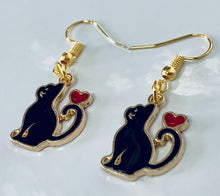 Load image into Gallery viewer, Black Cat or White Cat with heart enamel charm earrings 3 styles cat lover cat lady gift
