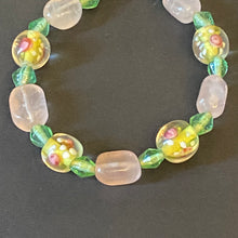 Load image into Gallery viewer, Easter Parade: pastel pink, green, and yellow rose quartz and floral lampwork glass bead bracelet

