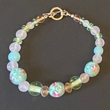 Load image into Gallery viewer, Dreams of Spring rose quartz and floral lampwork glass bead bracelet
