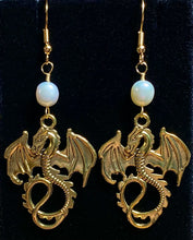Load image into Gallery viewer, Flying dragon earrings in gold, bronze, or silver: UAB Blazers, Game of Thrones fantasy creatures, sports fan jewelry
