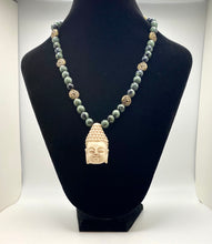 Load image into Gallery viewer, Enlightened: kambaba jasper and antique gold beaded Buddha necklace
