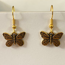 Load image into Gallery viewer, Butterfly earrings in silver or goldtone with optional gemstone bead
