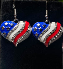 Load image into Gallery viewer, American Heart patriotic rhinestone and enamel flag earrings stars and stripes 4th of July holiday jewelry
