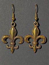Load image into Gallery viewer, Fleur-de-lis earring in antique goldtone or silvertone w/ optional 8mm crystal or gemstone bead French symbol New Orleans Saints sports fan
