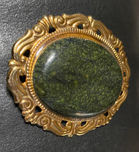 Load image into Gallery viewer, Huge goldtone brooch with serpentine gemstone cabochon
