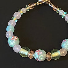 Load image into Gallery viewer, Dreams of Spring rose quartz and floral lampwork glass bead bracelet
