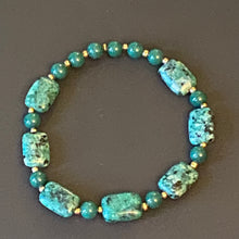 Load image into Gallery viewer, African turquoise and dark green mountain jade goldtone bracelet &amp; earrings set
