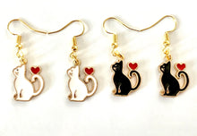 Load image into Gallery viewer, Black Cat or White Cat with heart enamel charm earrings 3 styles cat lover cat lady gift
