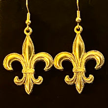 Load image into Gallery viewer, Fleur-de-lis large beaded edge earring in goldtone or silvertone w/ optional 8mm crystal or gemstone bead French symbol New Orleans Saints sports fan

