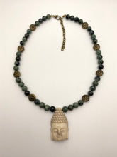 Load image into Gallery viewer, Enlightened: kambaba jasper and antique gold beaded Buddha necklace
