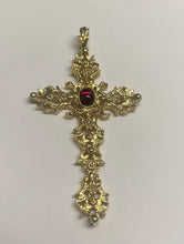 Load image into Gallery viewer, Avon 1970s vintage gold and “ruby” Medieval / Renaissance cross necklace
