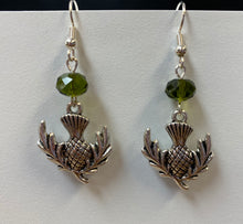 Load image into Gallery viewer, Flower of Scotland: Scottish thistle silvertone Celtic earrings Sassenach Outlander fan gift jewelry (w/ optional crystal or pearl bead)
