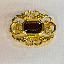 Load image into Gallery viewer, Vintage Avon Fashion Accents Victorian Art Nouveau Renaissance ornate gold filigree brooch w purple stone
