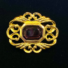Load image into Gallery viewer, Vintage Avon Fashion Accents Victorian Art Nouveau Renaissance ornate gold filigree brooch w purple stone
