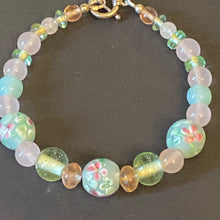 Load image into Gallery viewer, Dreams of Spring rose quartz and floral lampwork glass bead bracelet
