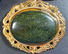 Load image into Gallery viewer, Huge goldtone brooch with serpentine gemstone cabochon
