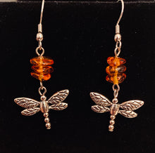 Load image into Gallery viewer, Dragonfly In Amber II goldtone or silvertone dragonfly earrings with genuine Baltic Amber Outlander fan gift jewelry
