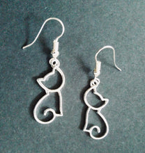 Load image into Gallery viewer, Cat Cutout - cute silvertone or goldtone cat silhouette earrings - cat mom cat lover gift
