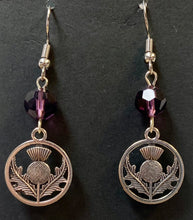 Load image into Gallery viewer, Scottish Thistle round silvertone Celtic earrings Sassenach Outlander fan gift jewelry (w/ optional crystal or pearl bead)
