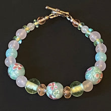 Load image into Gallery viewer, Dreams of Spring rose quartz and floral lampwork glass bead bracelet
